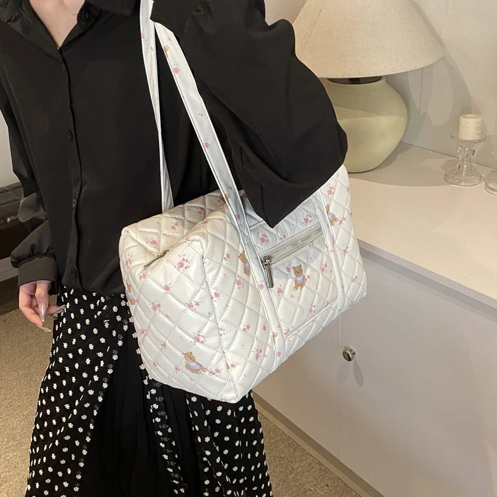 Women Floral Bear Shoulder Bag Large Capacity Cartoon Nursing Bag Adjustable Strap Quilted Maternity Bag Ladies Travel Handbag