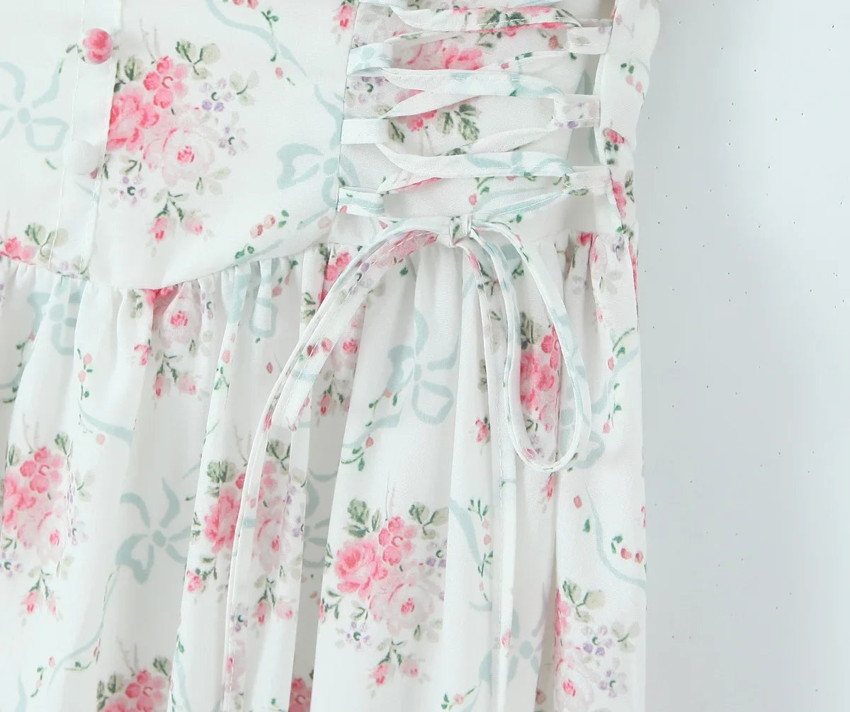 Women Bow O Neck Sleeveless Floral Print Boho Dresses Front Lace Up A-line Midi Summer Dress Chic Lady Holiday Party Robe