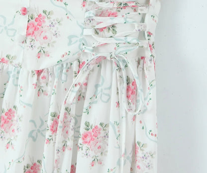 Women Bow O Neck Sleeveless Floral Print Boho Dresses Front Lace Up A-line Midi Summer Dress Chic Lady Holiday Party Robe