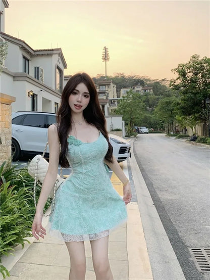 Mini Dresses Women Flowers Lace Patchwork Slim Slash Neck Backless Party Dress Female Sexy Elegant Holiday Casual