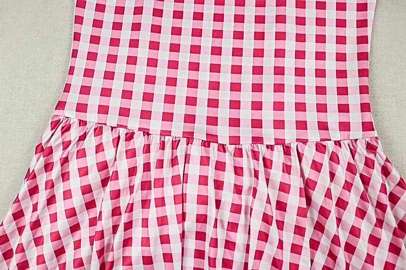 Cute Pink Checkered Mini Dress Square Neck Sleeveless Slim Waist Ruched Bubble Hem A-Line Summer Short Dress for Women