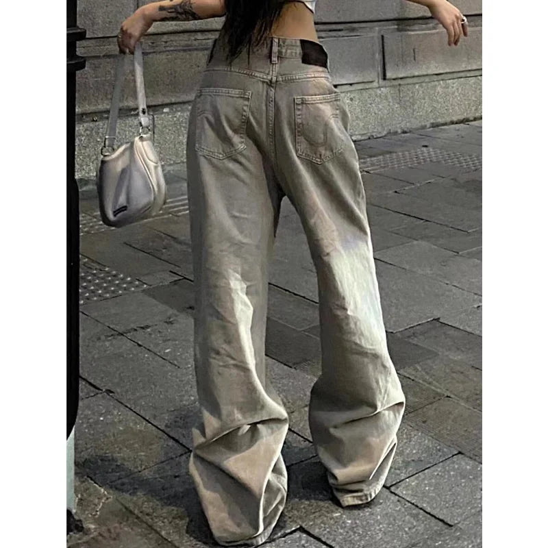 Women's Casual Retro Wide Leg Baggy Denim Trouser Harajuku Solid High Waist Loose Jeans Autumn American Vintage Pants