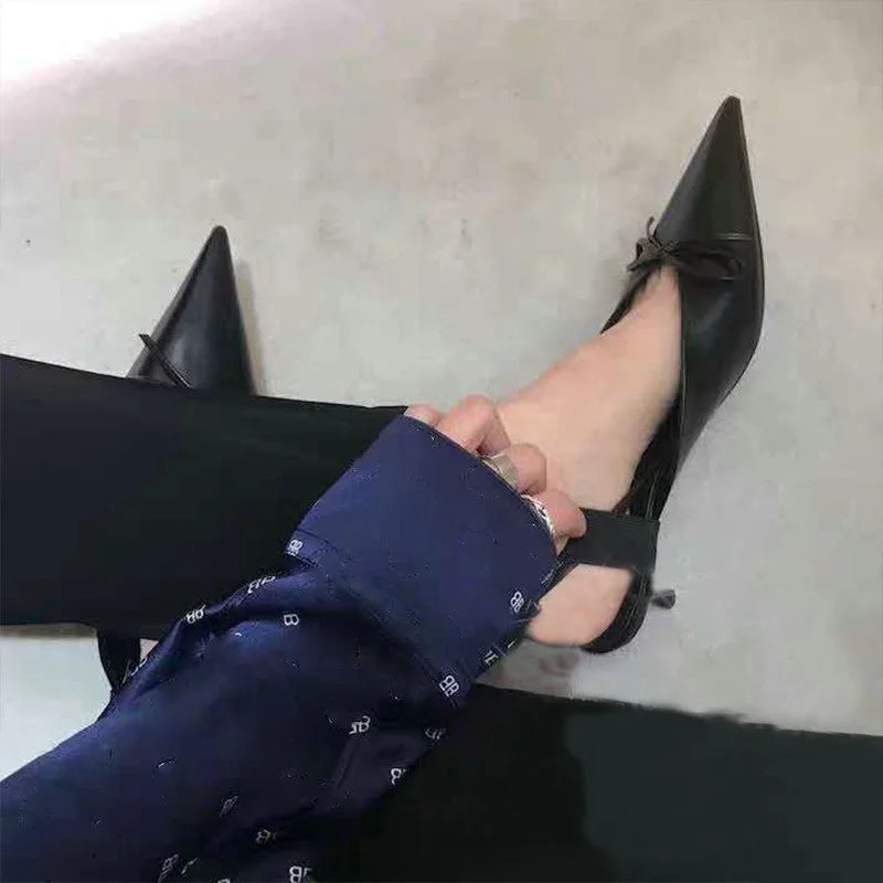 Super Hot Pointy Bow V-Top Skinny Heel Bun Towing Summer Muller Shoes Fashion Leather Low Heel Pumps