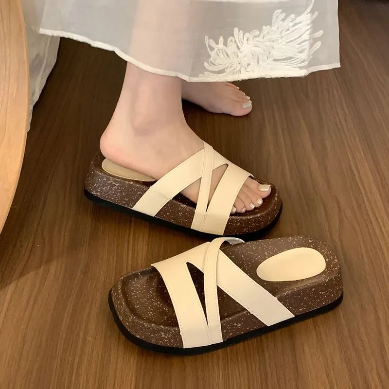 Flat Shoes Female Med Ladies' Slippers Slipers Women Platform 2024 Beach Soft Rome Rubber Fabric Slides Retro Casual PU Scandal