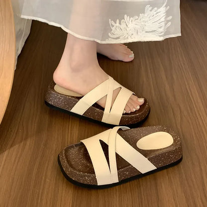 Flat Shoes Female Med Ladies' Slippers Slipers Women Platform 2024 Beach Soft Rome Rubber Fabric Slides Retro Casual PU Scandal