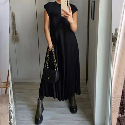 Accordion Pleated Crew Neck Sleeveless Maxi Dress