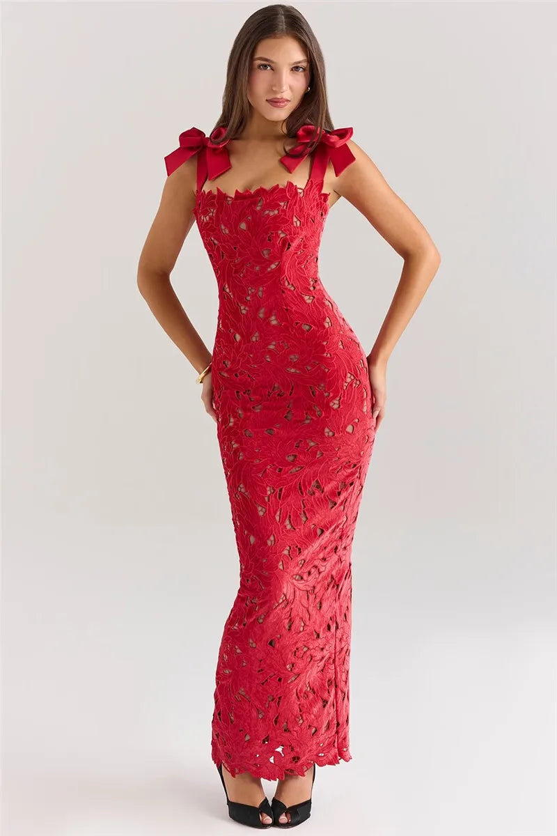 Square Neck Large Bow Shoulder Floral Lace Column Maxi Gown