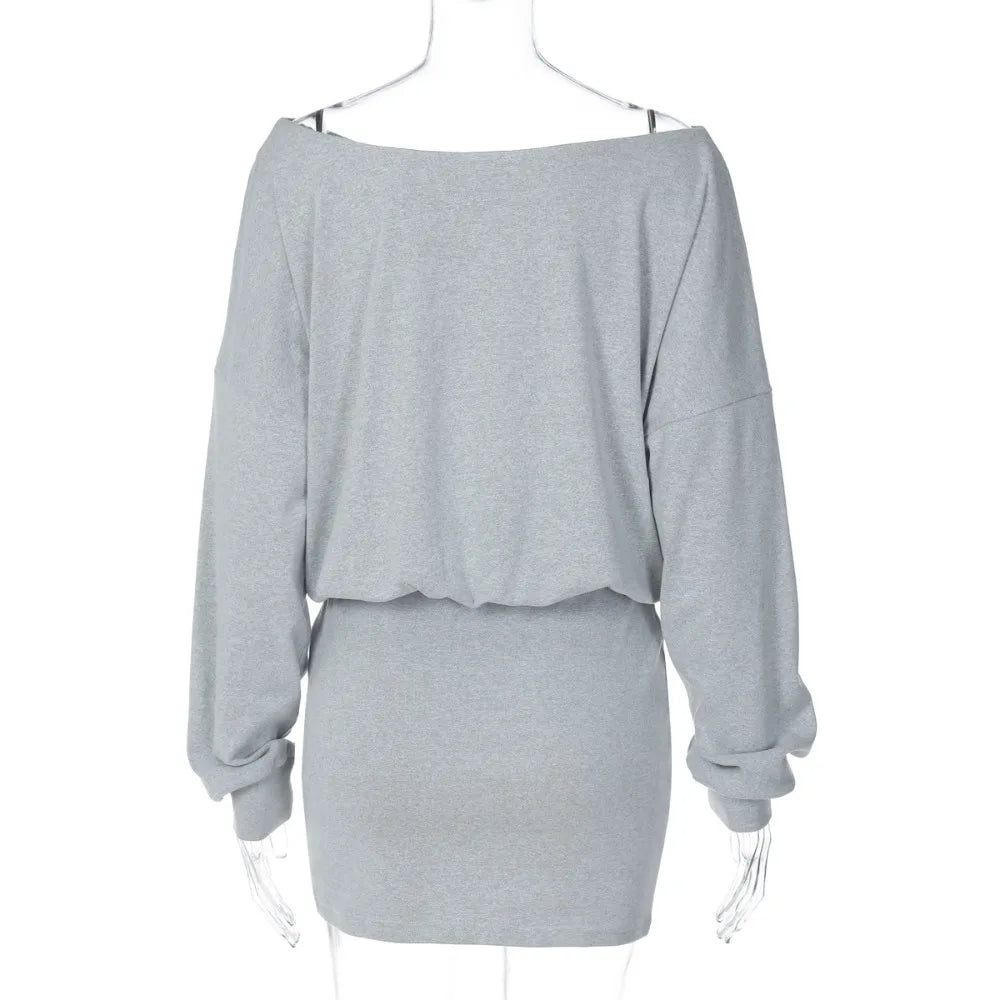 Women's Off-Shoulder Dress Solid Color Long Sleeve Elastic Waist Slim Fit Hip Wrap Mini Dress Fall Fashion Streetwear