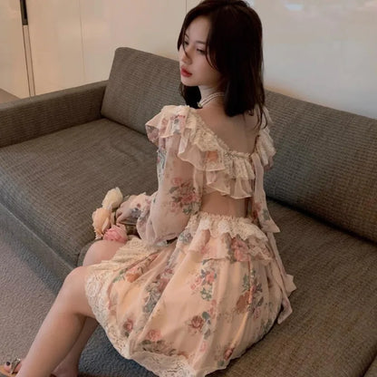 Spring New Flower Dress for Women Fairy Lace Ruffled V-Neck Irregular Long Sleeved Sweet Vestidos Retro Backless Short Vestidos