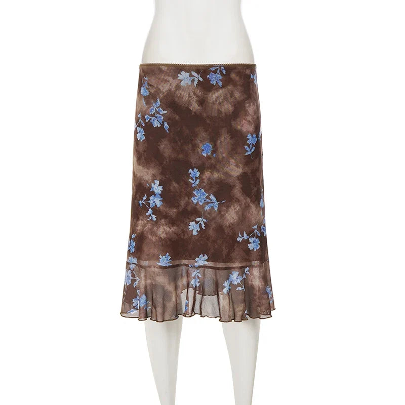 Women Vintage Brown Floral Print Midi Skirt High Waist Ruched Front Ruffle Hem Mermaid Skirt Elegant Slim Bodycon Mesh Mid Skirt