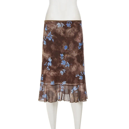 Women Vintage Brown Floral Print Midi Skirt High Waist Ruched Front Ruffle Hem Mermaid Skirt Elegant Slim Bodycon Mesh Mid Skirt