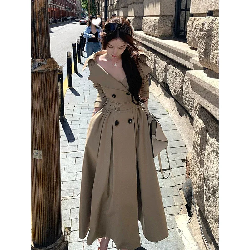 Long Trench Coat Women Streetwear Belt Sexy Off Shoulder Jackets Korean Double Breasted Outerwears Fall Winter Fashion Overcoat