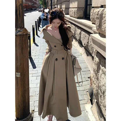 Long Trench Coat Women Streetwear Belt Sexy Off Shoulder Jackets Korean Double Breasted Outerwears Fall Winter Fashion Overcoat