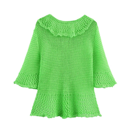 Summer new style women's fashion temperament lapel short sleeve hollow commuting knitted sweater jacket beach vacation