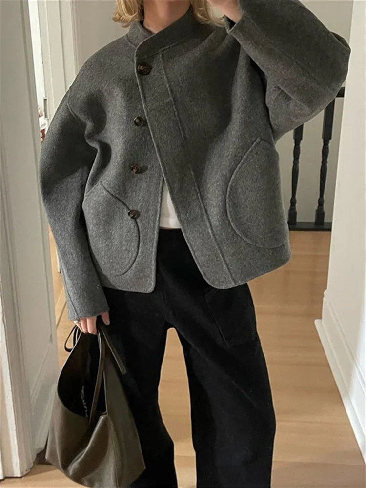 Winter Pocket Female Outwear Slim Patchwork Elegant Commute Fashion Clothes Solid Long Sleeve For Women Cropped Top Coat