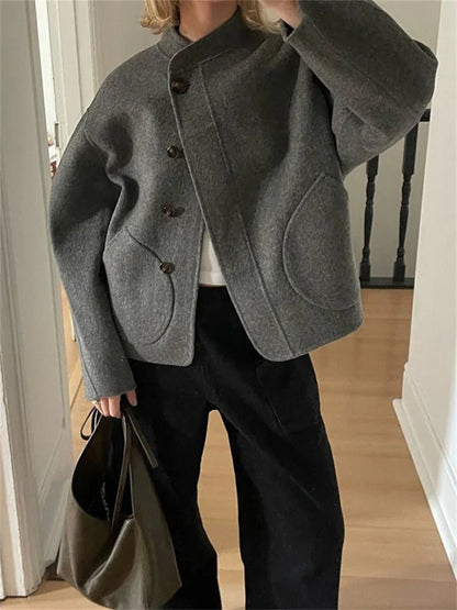 Winter Pocket Female Outwear Slim Patchwork Elegant Commute Fashion Clothes Solid Long Sleeve For Women Cropped Top Coat