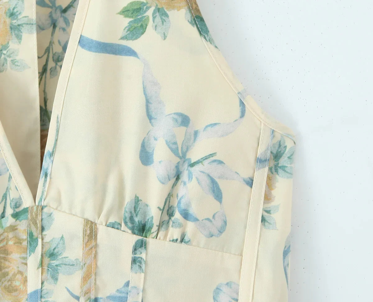 Sexy Deep V Halter Floral Print Dress Women Sleeveless Summer A-line Midi Long Dress Holiday Robe Backless Vestidos