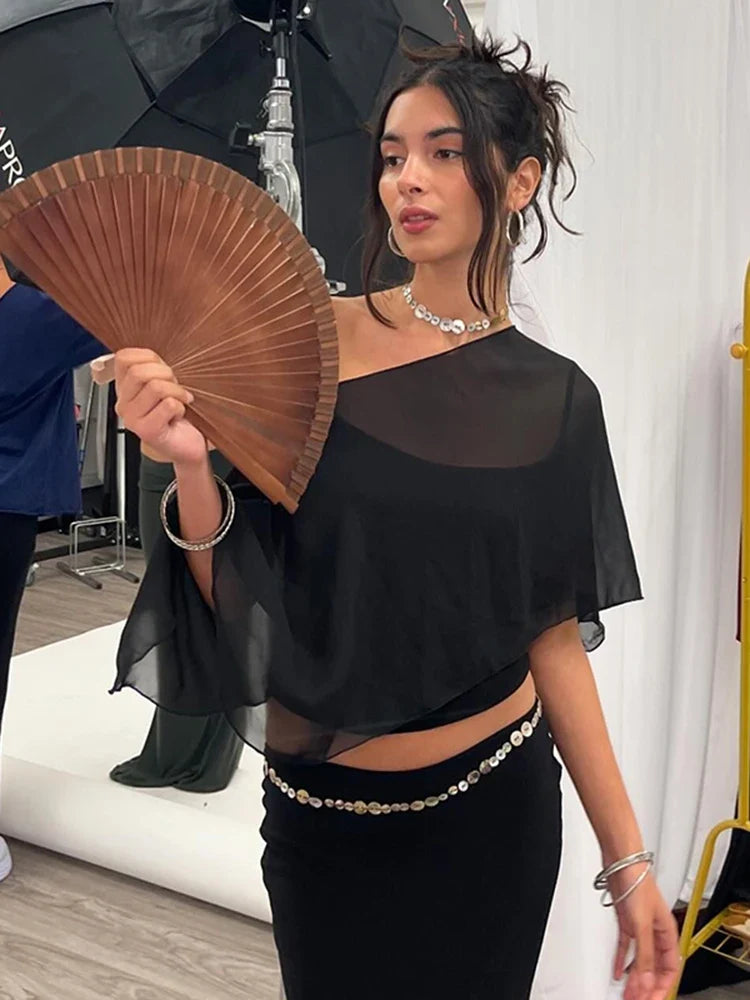 One-Shoulder Mesh Crop Sheer Top