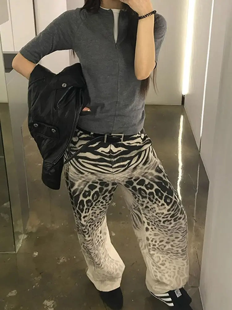 Design Sense Leopard Print Gradient Print Jeans for Children Retro Loose Straight Leg Floor Length Pants