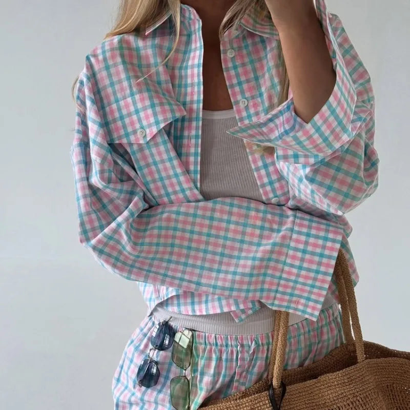 Women's Pink Blue Plaid Set Oversized Shirt & Wide-Leg Pants 2 Piece Set Casual Loose Long Sleeve Co-ord Outfits Chic Tracksuit