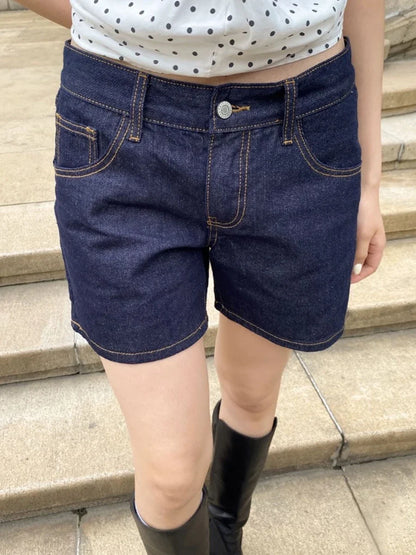 Deep Blue Denim Knee Length Shorts Woman Summer Back Pockets Cotton Jeans American Vintage Streetwear Boyfriend Style Short Pant