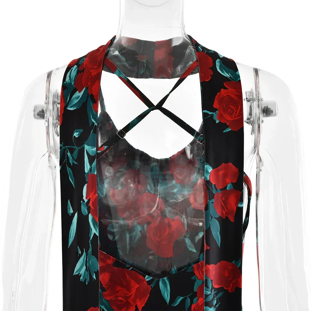 Deep V Spaghetti Strap Floral Print Bodycon Maxi Dress