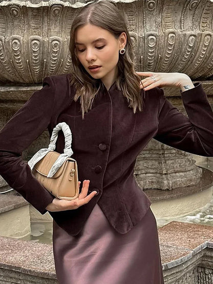 Retro Burgundy Red Jacket Women Stand Collar Button Slim Long Sleeve Jackets Fall Winter Fashion Lady High Street Outerwear