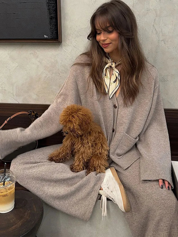 New Chic V-neck Buttons Cardigan Sets With Pockets Women's Solid Knitted Wide Long Pants Suit Lady Daily Streetwear Autumn