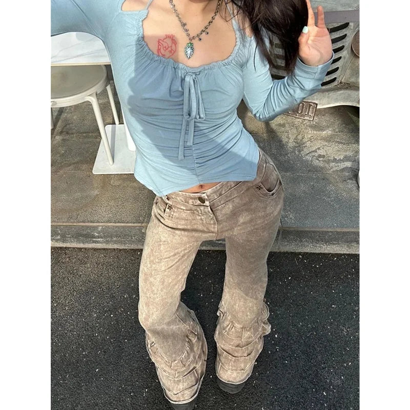 Brown High Waist Women Jeans Feeling Vintage Straight Casual Baggy Streetwear Y2K American Wide Leg Female Trouser Denim Pants