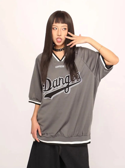 Y2k Sport Embroidery Graphic T Shirts for Women Oversized V-neck Quick Drying Short SleeveTee Summer Hip Hop Casual Tops