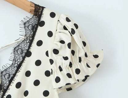 Elegant Girls Short Sleeve V Neck Lace Trim Polka Dot Summer Dress Sexy Backless A-line Midi Holiday Female Vestidos