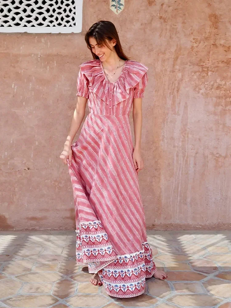 Fashion Stripe Print Ruffled Edge Button Maxi Dress Women V-neck Puff Short Sleeve Big Hem Dresses 2024 Female Party Club Robes