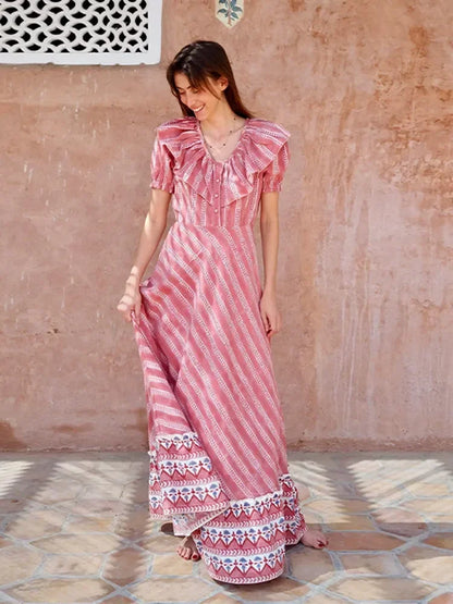 Fashion Stripe Print Ruffled Edge Button Maxi Dress Women V-neck Puff Short Sleeve Big Hem Dresses 2024 Female Party Club Robes