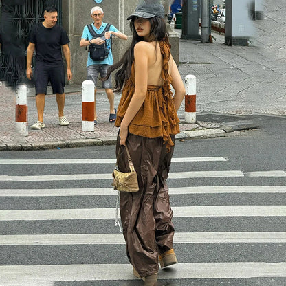 Women's Streetwear Pants Influencer Loose Casual Pleated Waist Hanging Rope Decoration Windproof Pocket Long Trousers Pants
