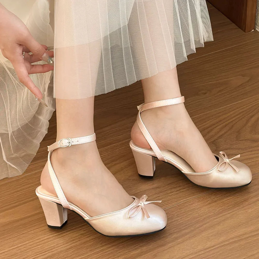 Women's Satin Round Toe Bowknot Block Heel Mary Janes Shoes Ankle Buckle Strap Slingback Pumps Wedding Party High Heels Shoes