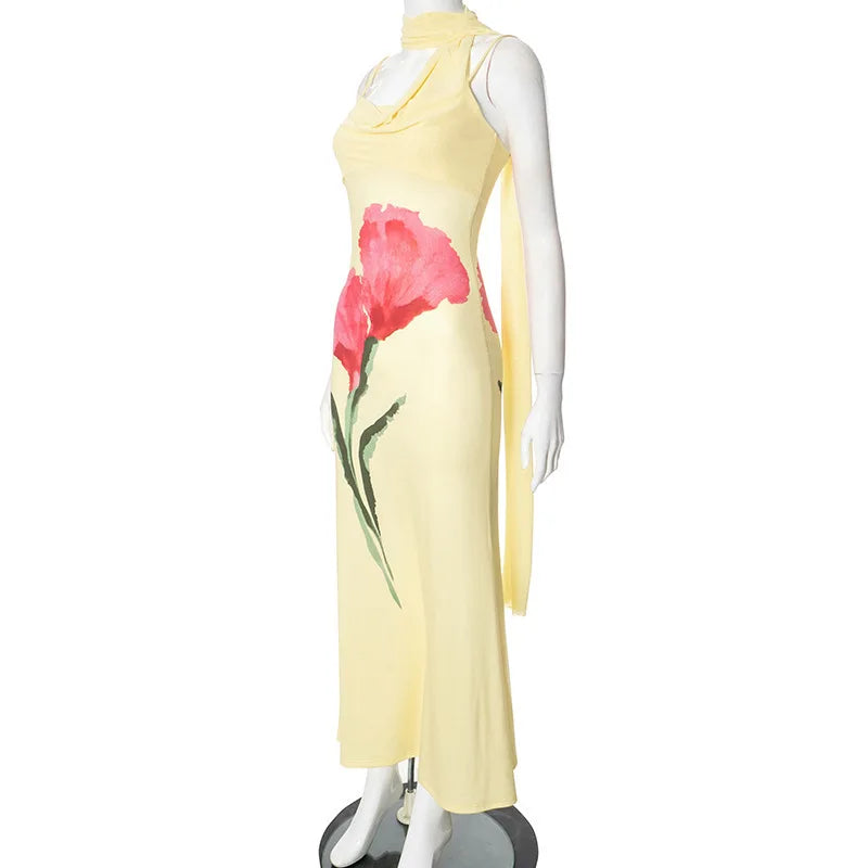 Cowl Neck Asymmetrical Strap Large Floral Graphic Spaghetti Strap Maxi Dress