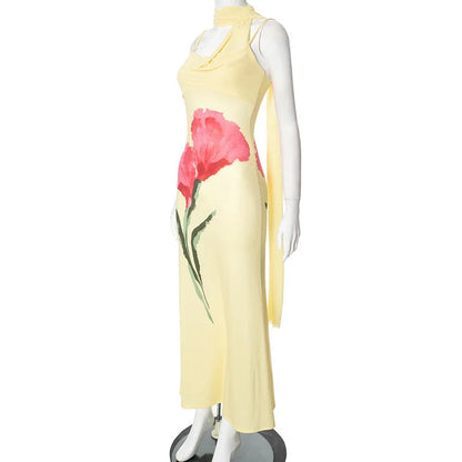 Cowl Neck Asymmetrical Strap Large Floral Graphic Spaghetti Strap Maxi Dress