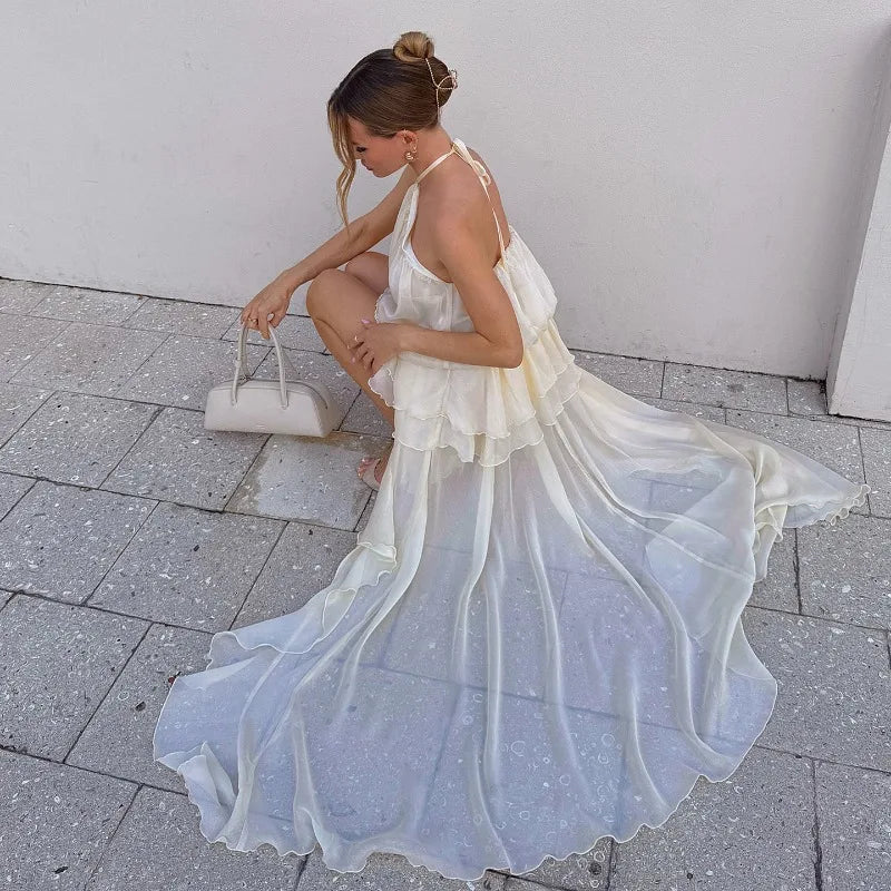 Romantic Necklace Women's Maxi Dress Backless Ruffle Shiny Elegant Luxury Wedding Party Evening Gala Female Summer Dress