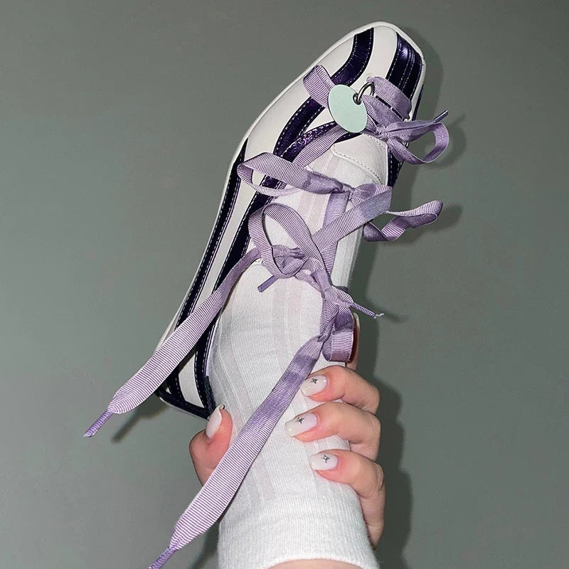 Spring Lolita Square Toe Purple Flat Ballet Shoes Women's 2024 New Straps Bow Color Matching Mary Jane Shoes