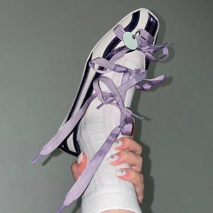 Spring Lolita Square Toe Purple Flat Ballet Shoes Women's 2024 New Straps Bow Color Matching Mary Jane Shoes