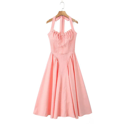 Halter Neck Lace Trim Corset Panel Pleated Fit and Flare Midi Dress