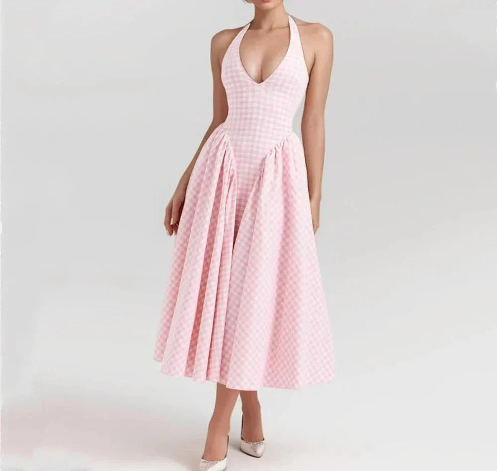 Gingham Print Halter V Neck Pleated Flare Midi Dress