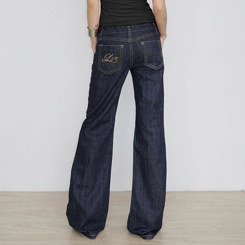 Basic Low Rise Straight Jeans Streetwear y2k Letter Embroidery Baggy Denim Pants Women's Trouser Vintage 2000s Mom Jeans