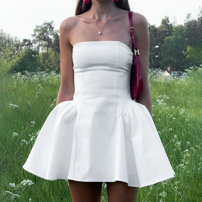 Slim Strapless Folds Mini Dress for Women Club Party Clothes Sexy Backless Patchwork Sleeveless High Waisted Dress Solid
