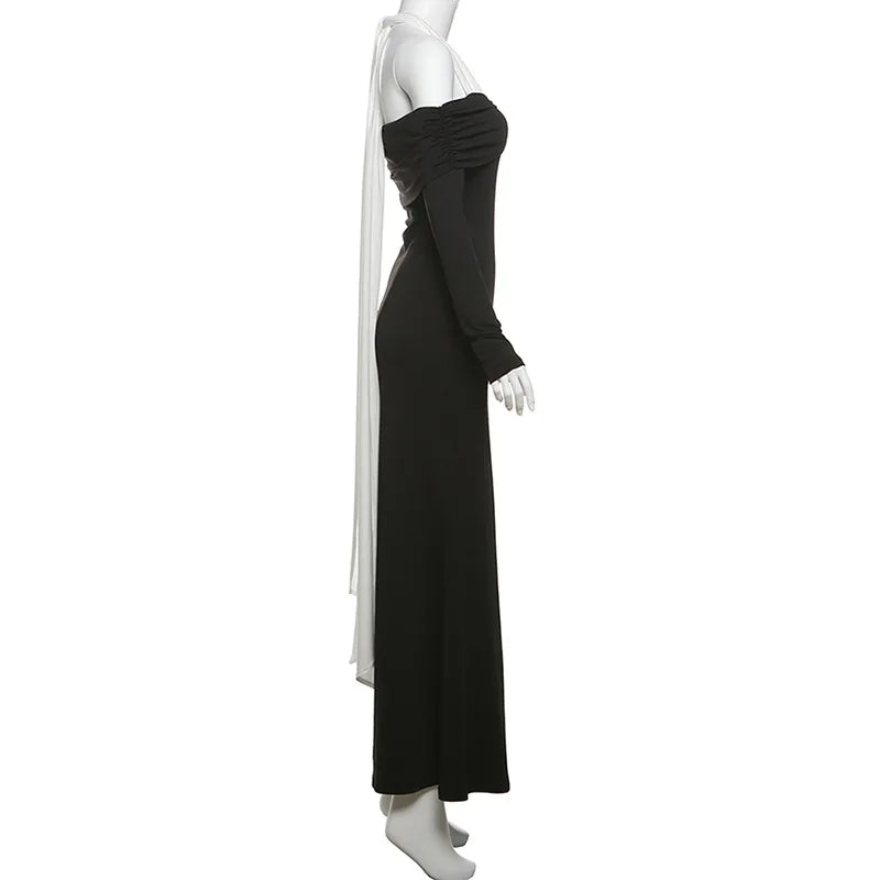 Off Shoulder Crisscross Halter Long Sleeve Column Maxi Dress