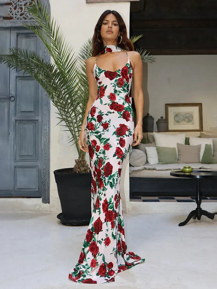 Deep V Spaghetti Strap Floral Print Bodycon Maxi Dress