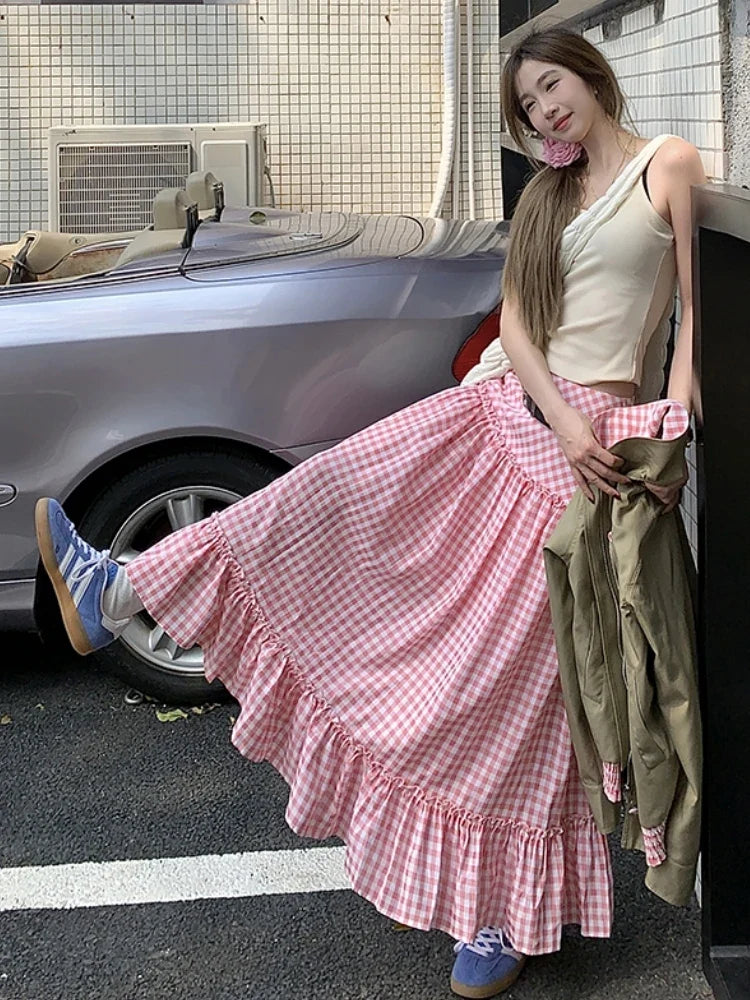 Long Skirts Womens Pink Plaid Skirt 2024 Goth Lolita Spring Summer High Waist High Low Ruched Ruffle Skirts rok