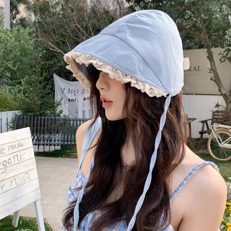 Japanese Retro Y2K Lace Edge Loli Hats for Women Spring and Summer Travel Photo Versatile Sunscreen Sweet Strap Sun Hat