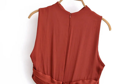 Summer new women's fashion versatile high-end simple round neck sleeveless party silk textured mid-length dress