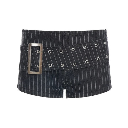 Y2K Striped Denim Shorts Women Summer Streetwear Sexy Hot Pants Metal Eyelet Belt Short Jeans Casual Party Club Outfits